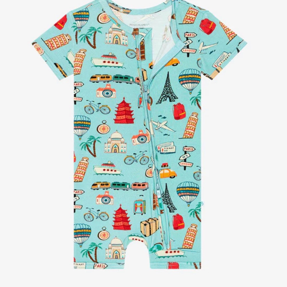 Posh Peanut bamboo Around the World Zippered Short Romper 0-3 months